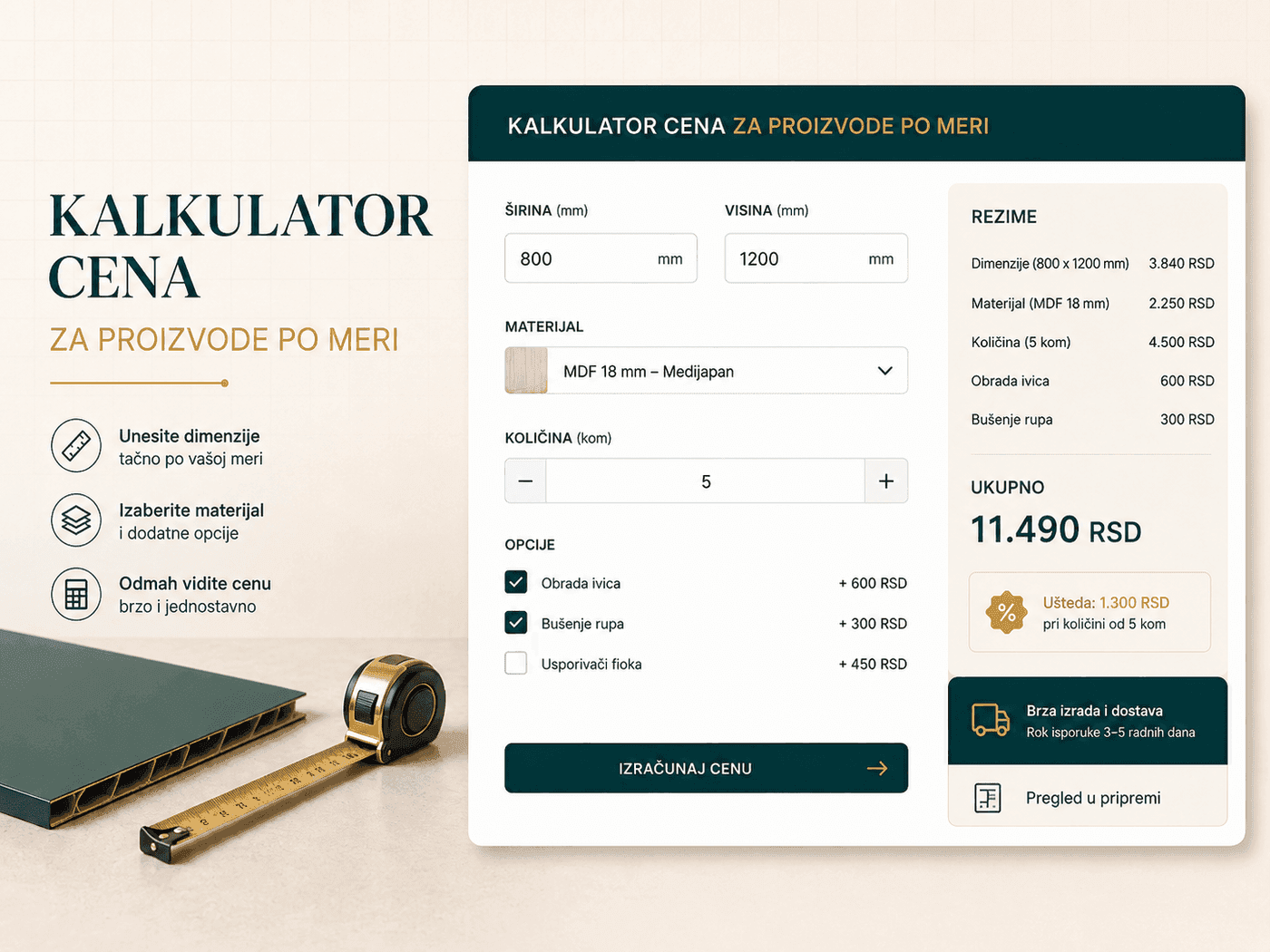 Vizuelni prikaz kalkulatora cena — unos dimenzija, materijala i opcija, sa konačnim iznosom.